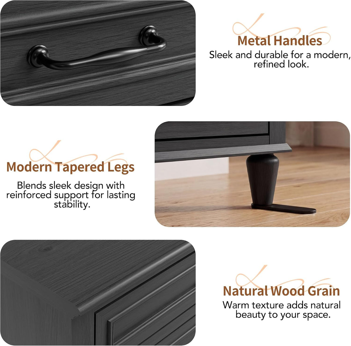 3 Drawer Dresser for Bedroom Set of 2, 31.5" Wide Modern Closet Chest of Drawers with Metal Handles,Wood Nightstand Storage Organizer for Living Room, Hallway, Black Grey