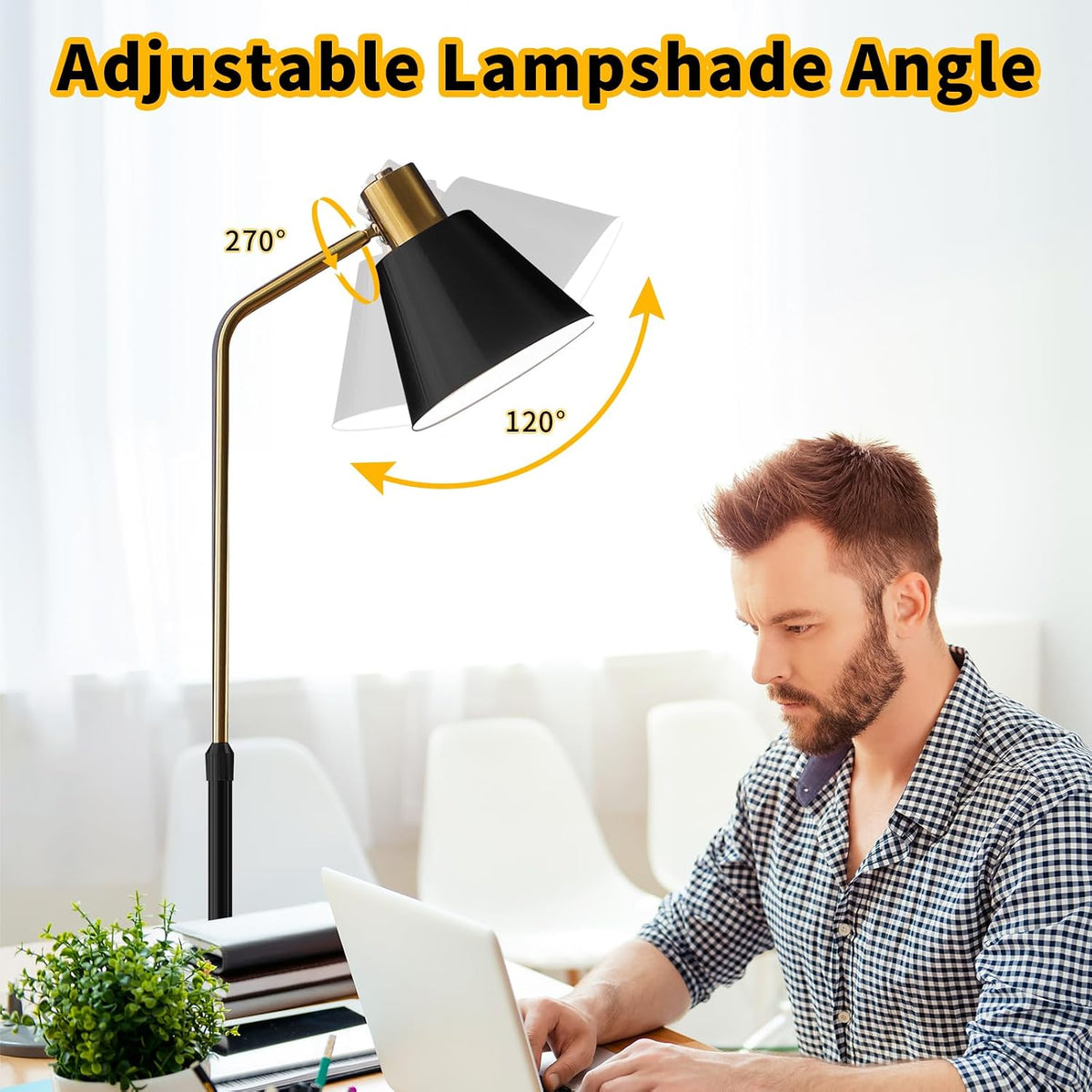 Bright Dimmable Black Gold Reading Floor Lamp, Adjustable Angle and Height