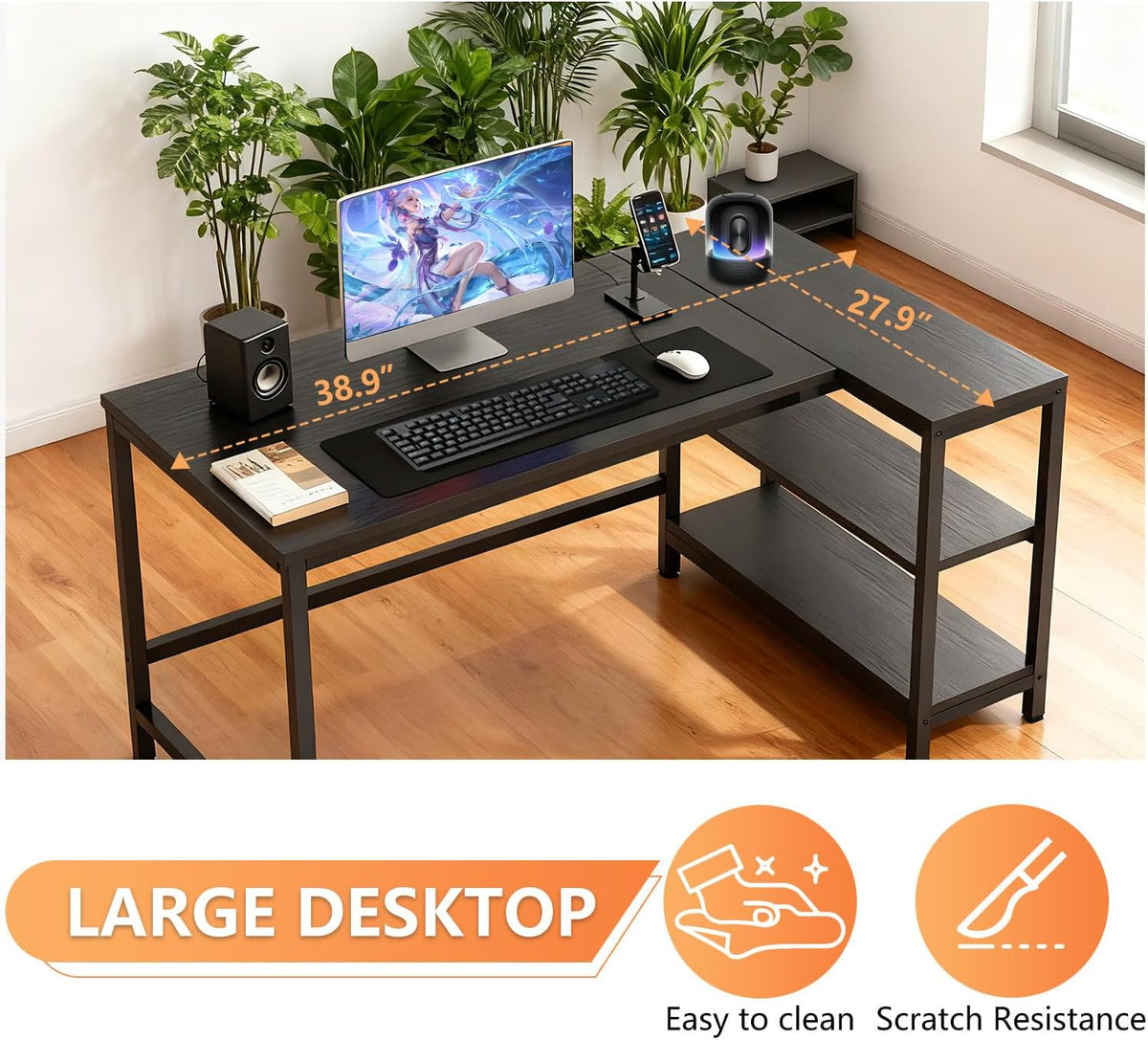 FDW L-Shaped Gaming Desk 39 Inch Computer Desk Corner Desks with Reversible Side Storage Shelves Study Desk Metal Frame PC Work Table for Home Office Dorm Sturdy Writing Workstation,Dark Black