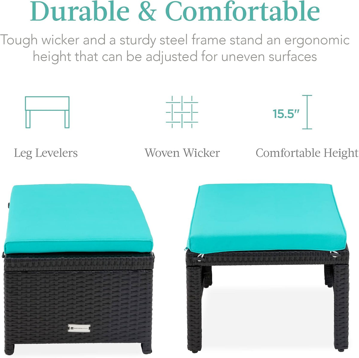 Best Choice Products Set of 2 Wicker Ottomans, Multipurpose Outdoor Furniture for Patio, Backyard, Additional Seating, Footrest, Side Table w/Removable Cushions, Steel Frame - Black/Teal