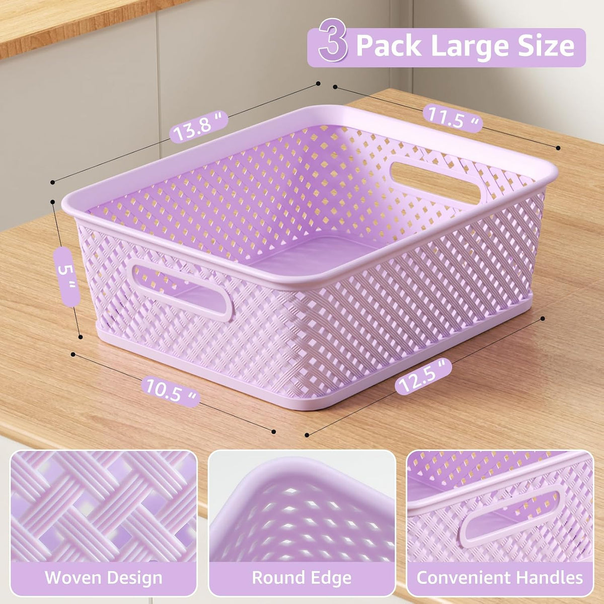 MaxGear 3 Pack Plastic Storage Baskets, Large, Purple
