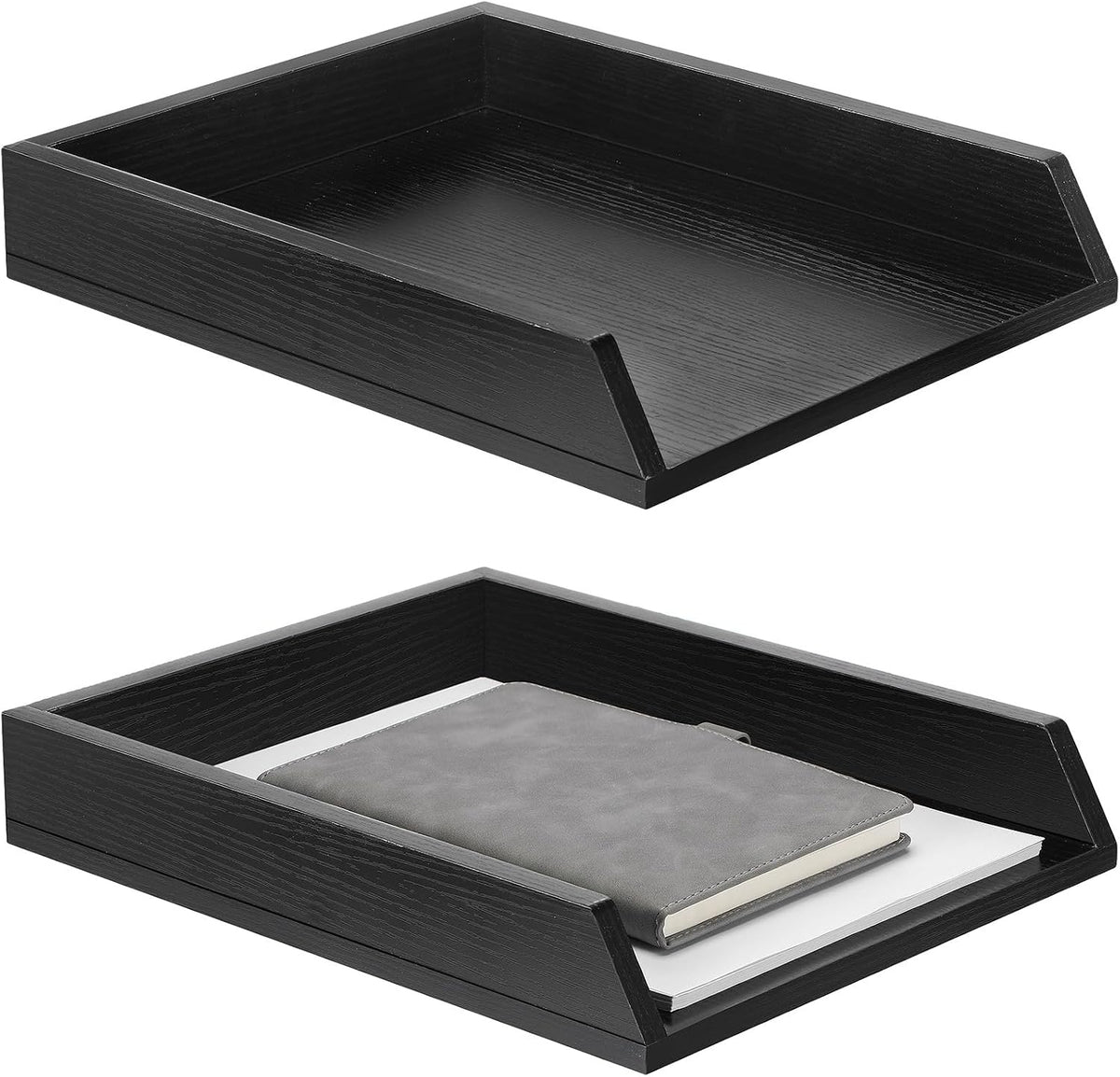 DoubleFill 2 Pcs Wooden Letter Tray 2 Tier Letter-Size Desk Tray, Black