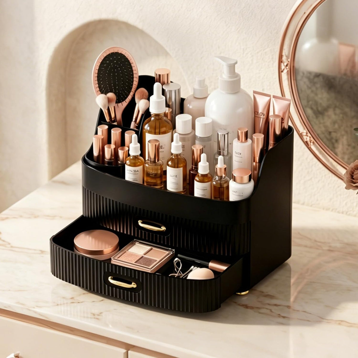Makeup Organizer for Countertop Vanity Skincare Storage for Perfume Lipstick Bathroom Dresser Desk with Drawers And Brush Holder (Black)