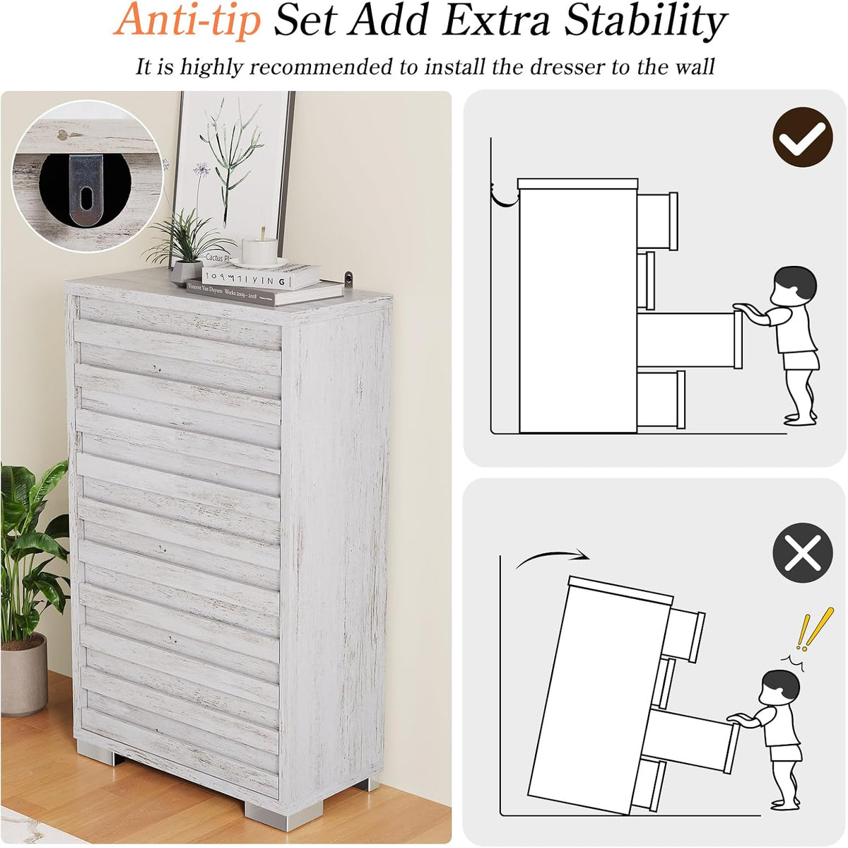 LUXOAK 47" Farmhouse 5-Drawer Dresser with Slat Handles