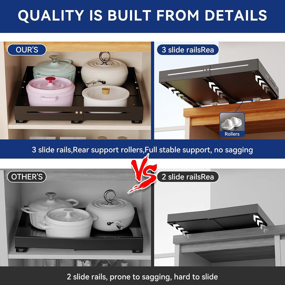 Pull out Cabinet Organizer, Full Metal Expandable Width (14.8"-20.8") & Depth (12.4"-17.7") Adjustable Slide out Drawers, No Drill Adhesive Roll out Shelves for Kitchen Pantry, Black