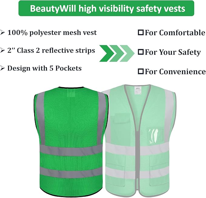 BeautyWill Mesh Safety Vest Custom Logo Class2 High Visibility Reflective Vest with 5 Pockets Construction Security Work Vest ANSI/ISEA Standards（Green，3XL ）