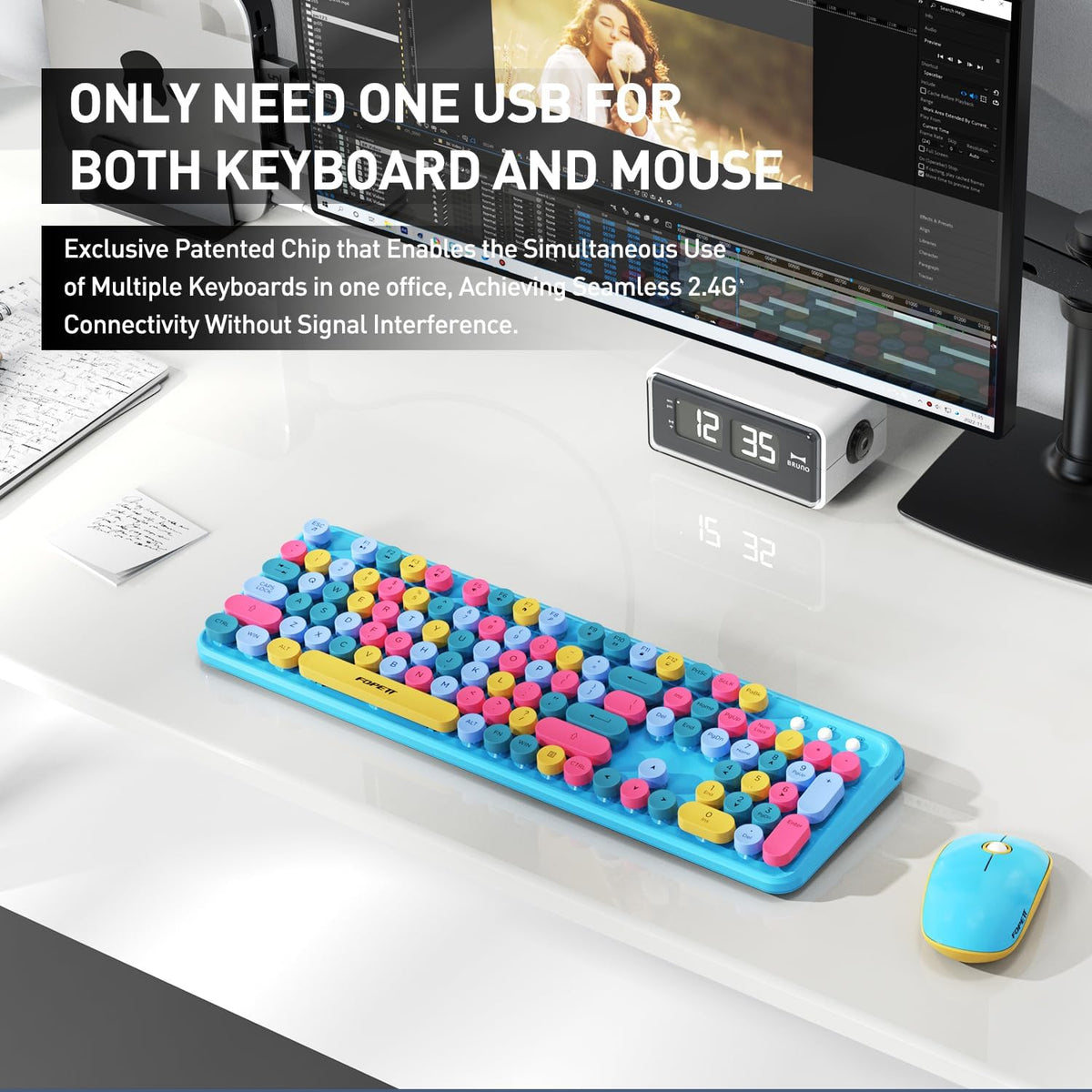 FOPETT Wireless Keyboard and Mouse Combo, 105 Keys Full-Sized 2.4 GHz Round Keycap Colorful Keyboards, USB Receiver Plug and Play, for Windows, Mac, PC, Laptop, Desktop (Blue Colorful)