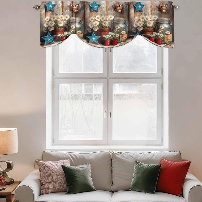 Country Flower Tie Up Valance for Window, Western Texas Star Butterfly Barn