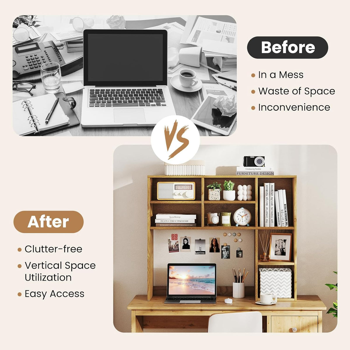 MAT EXPERT Wooden Desktop Bookshelf, Countertop Desk Hutch w/ 7 Cubes & Adjustable Shelves, Anti-toppling Kits, Table Top Organizer Shelf Fits Monitors up to 27” for Dorm, Office, Study (Natural)