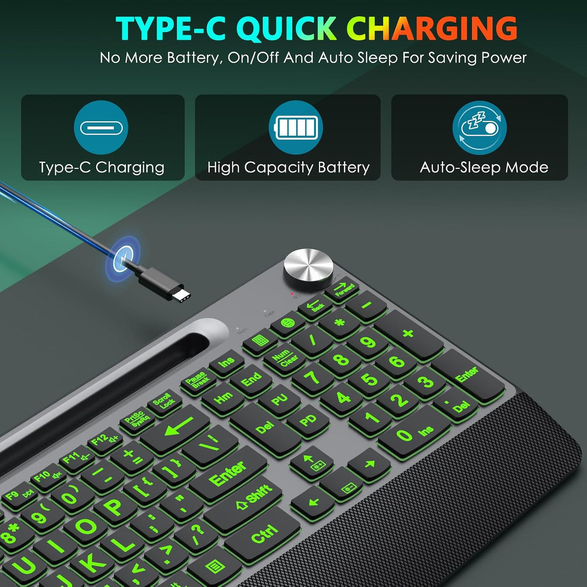JOYACCESS Large Print Backlit Wireless Keyboard with Phone Holder，Wrist Rest and Volume Knob for Laptop, PC, Mac, Window