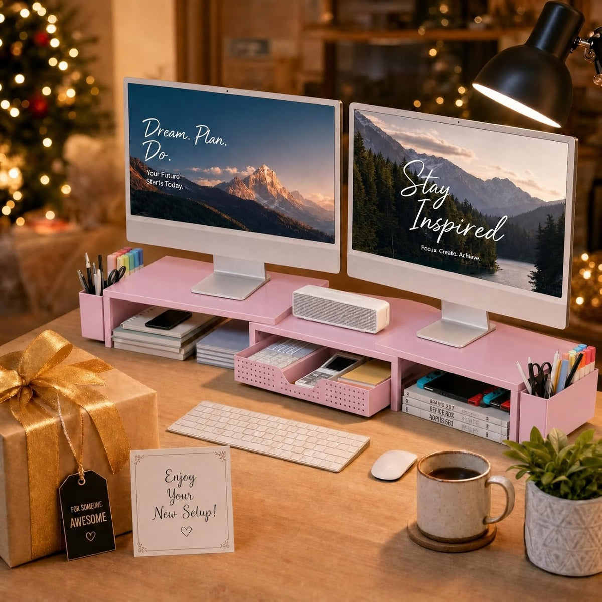 OPNICE Desk Organizers and Accessories, Dual Monitor Stand Riser with Drawer and 2 Pen Holders, Desk Shelf Computer Racks & Printer Stand for Office Workspace Organizers, Desktop Organization (Pink)