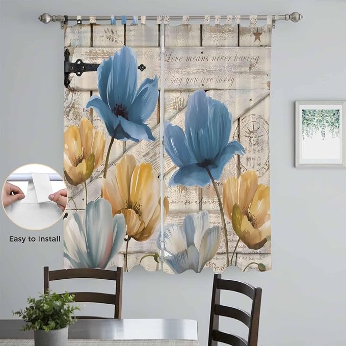 Blue Yellow Tulips Living Room Curtains 84 Inch Length, Window Curtains Tab Top