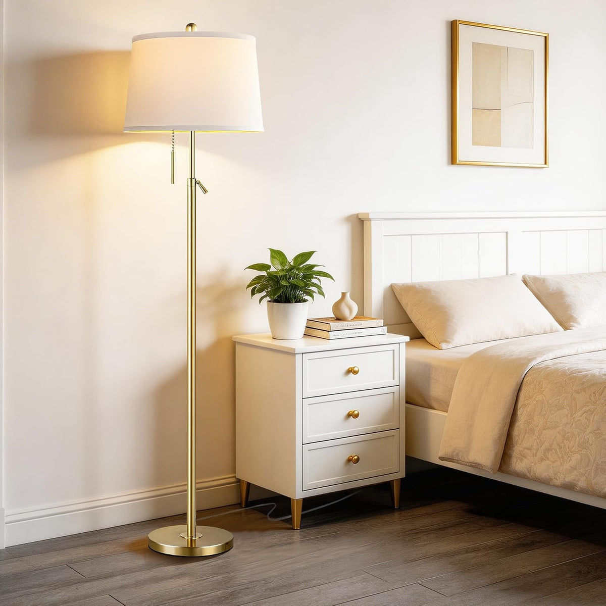 Gold Floor Lamp for Living Room, Modern Standing Lamp 55-67" Height Adjustable Brass Tall Floor Lamp with Pull Chain Switch and 3 CCT LED Blub for Living Room, Bedroom, Office & Corner Reading
