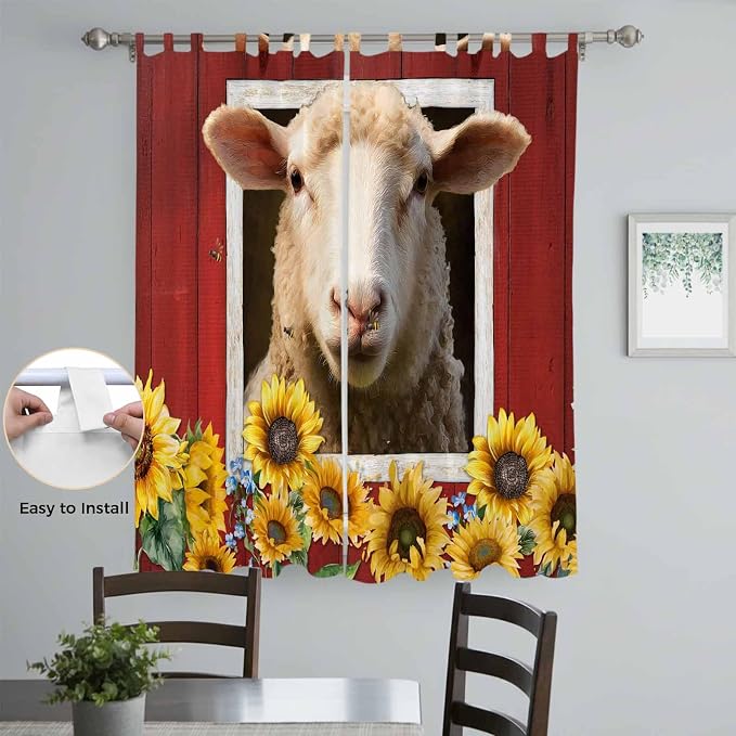 Sheep Sunflower Living Room Curtains 96 Inch Length, Window Curtains Tab Top