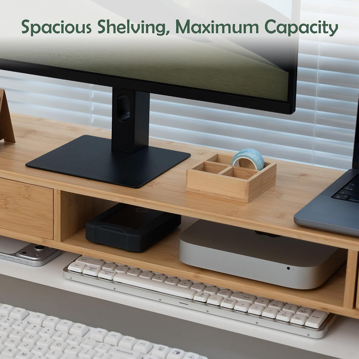 Bamboo Dual Monitor Stand, Natural Desk Shelf with 2 Drawers