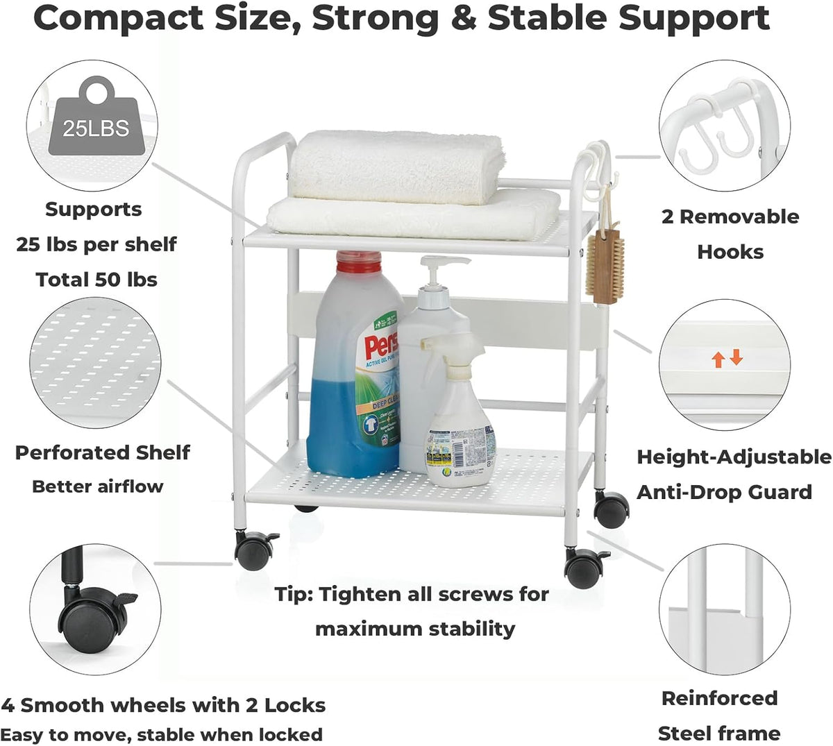 2-Tier Metal Rolling Cart, Compact Under Desk Storage Organizer