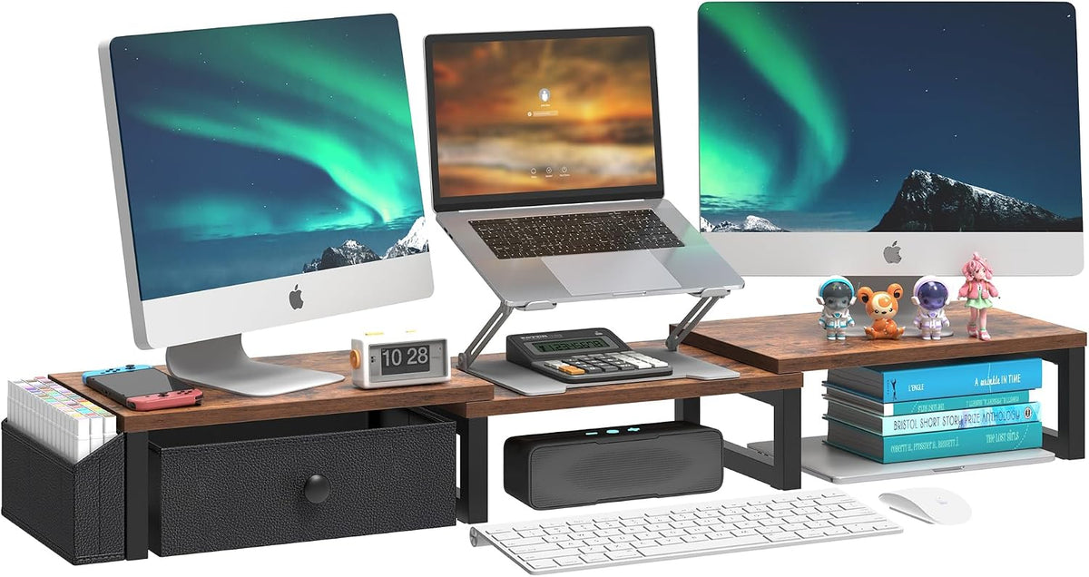 LAND·VOI Heavy Duty Dual Monitor Stand, Holds 2 Screens Up to 27 Inches, Adjustable Length and Angle Monitor Riser, Desk Organizer with Side Pockets and Drawers, Home Office Desk Storage, Rustic Brown