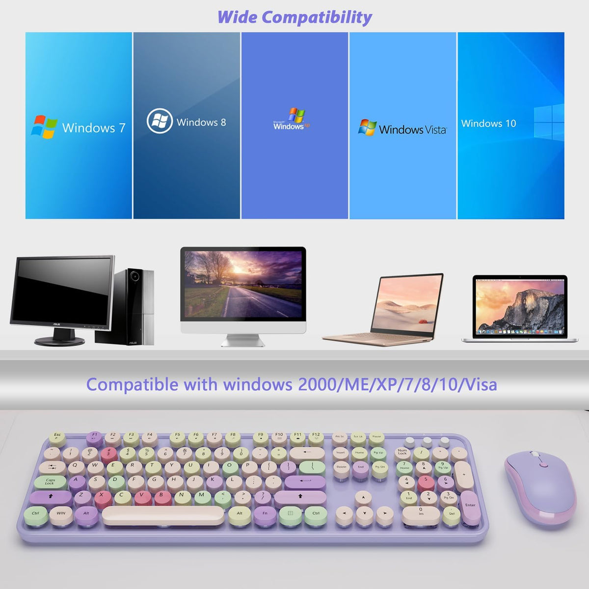 Kootop Wireless Computer Keyboard and Mouse Combo,Colorful Purple