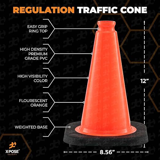 Xpose Safety 12 Inch Orange Traffic Cones, 4-Pack - Multipurpose PVC Plastic Safety Cone for Parking, Soccer, Caution, Kids and Construction - DOT Approved