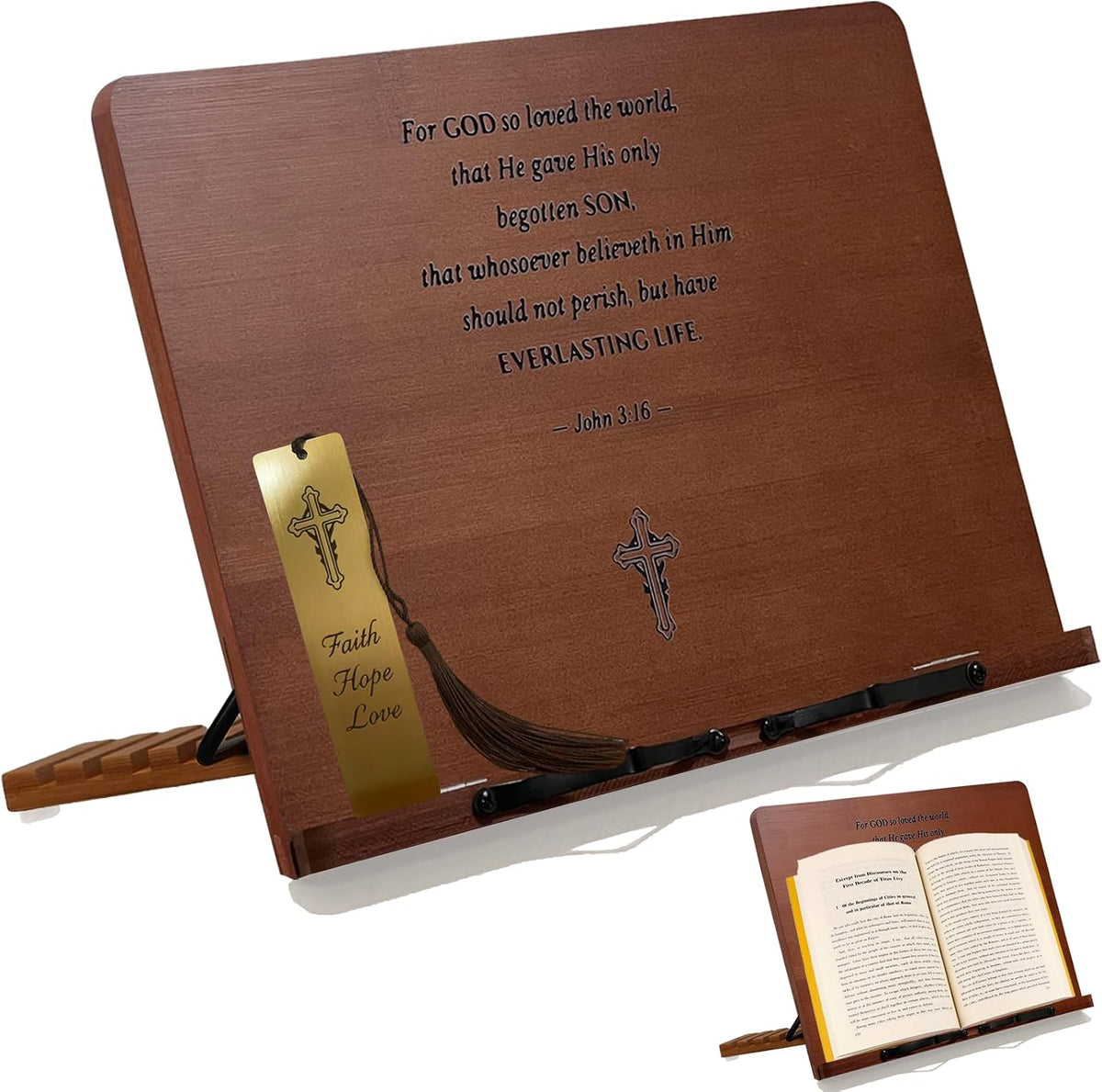Large Bible Stand Holder, Christian Gifts for Women Men Faith, Spiritual Gifts Decor - Adjustable Bamboo Wooden Book Stand for Reading Hands Free, Cookbook Stand with Sturdy Page Clips