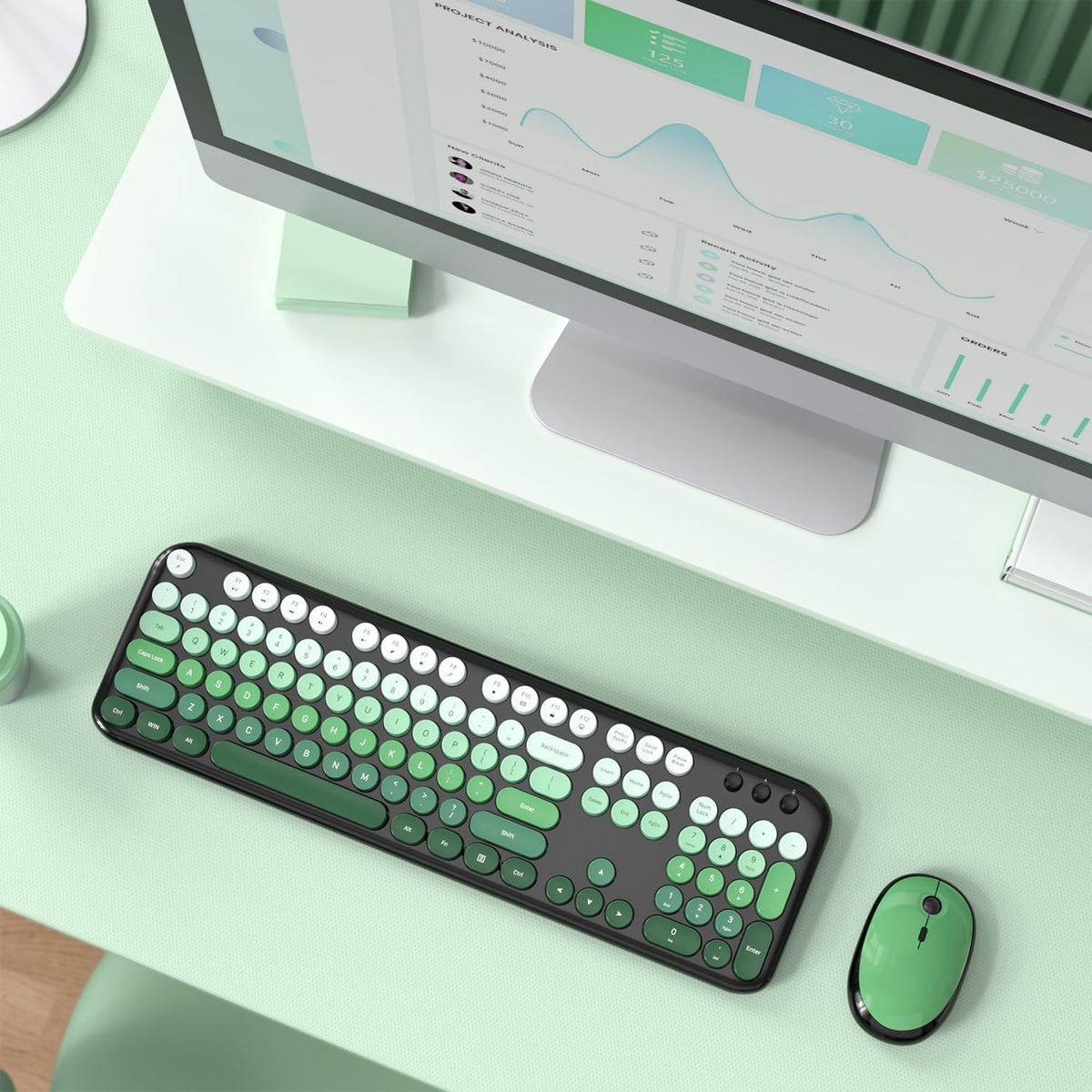 Wireless Keyboard and Mouse Combo, MOWUX Colorful Computer Full Size 2.4G Plug and Play Wireless Typewriter Keyboard and Mouse Set for Computer, Desktop, PC (Black Green Gradient)