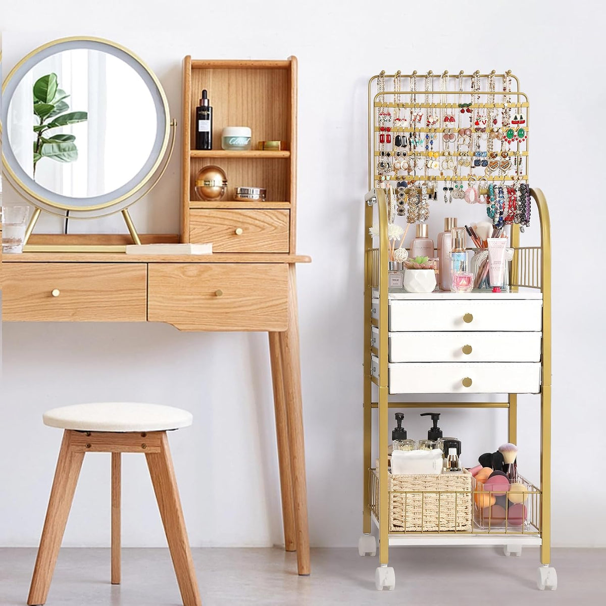 Keebofly Large Floor Jewelry Organizer Stand with 3 Drawers - Gold
