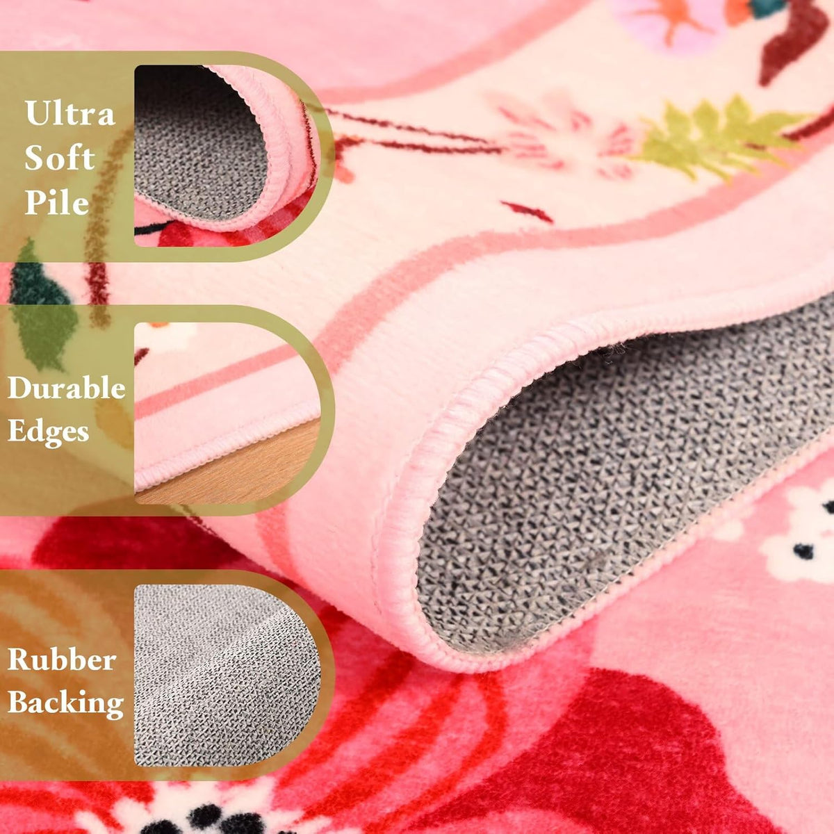Macgace Floral Area Rug for Living Room, Machine Washable 5x7 Pink Rugs