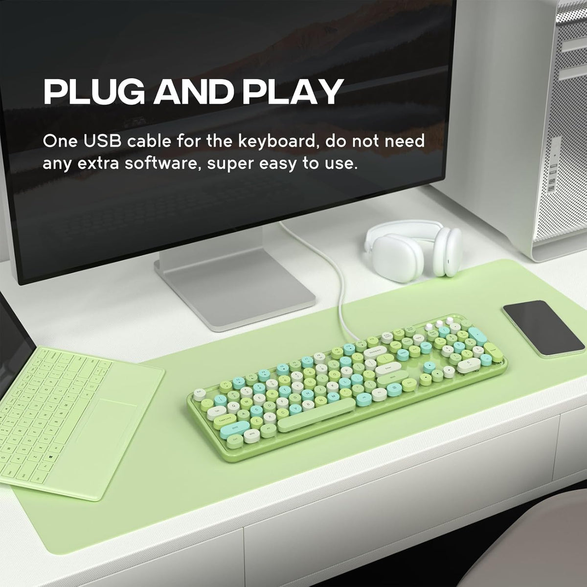 MOFII Computer Keyboard Wired,Round Key Retro Typewriter Keyboard Full Size