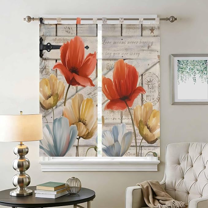 Retro Floral Living Room Curtains 84 Inch Length, Window Curtains Tab Top