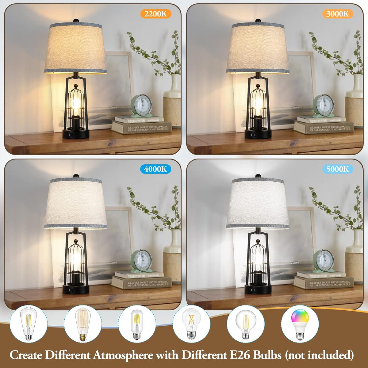 Farmhouse Table Lamps with 2 USB Ports, Set of 2 Rustic Industrial Desk Lamp for Living Room, 2-Light Black Bedside Lamp, Bedroom Nightstand Lamp with Gray Lampshade for House Decor, Reading