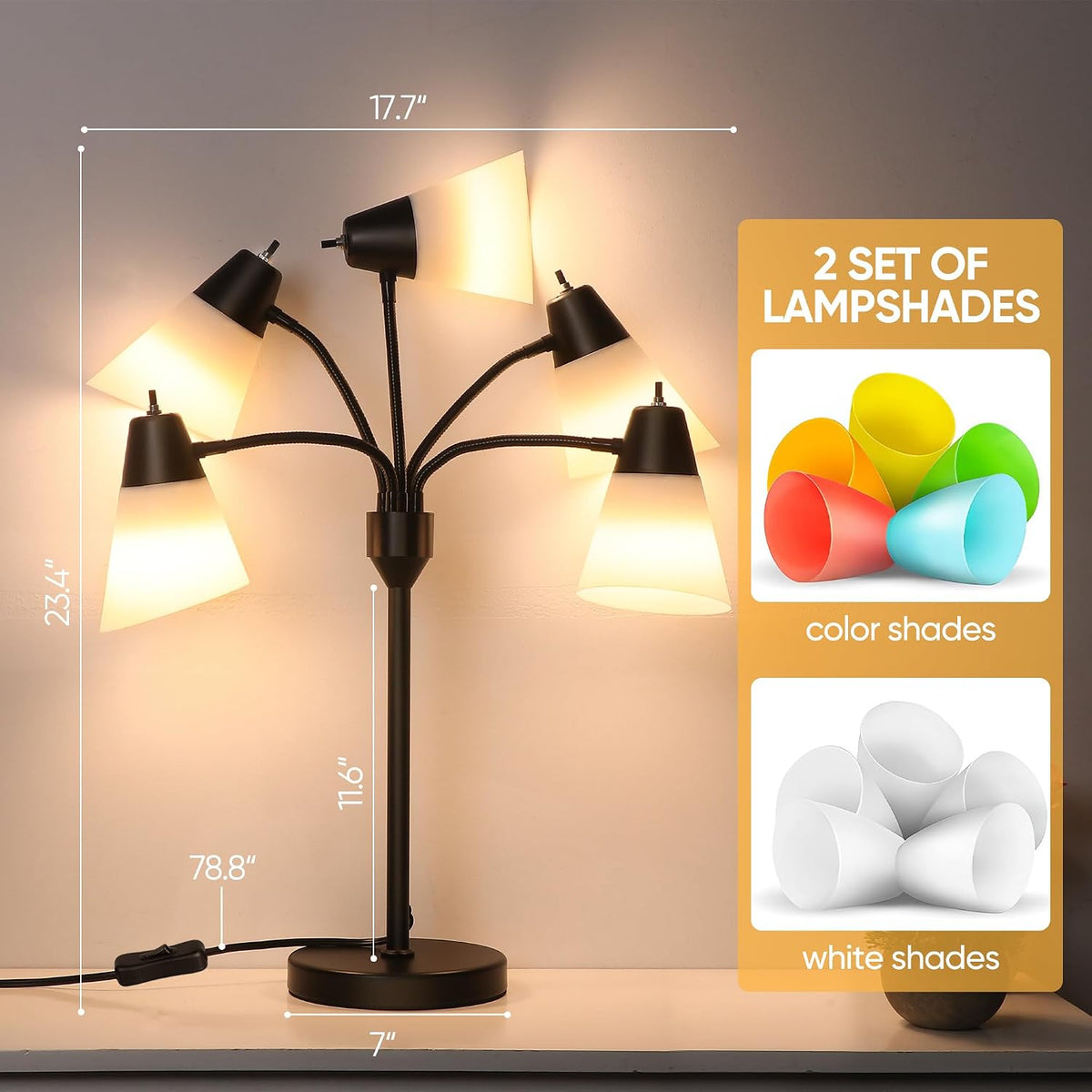 Medusa Bedside Table lamp for Bedroom,Modern Multi Head 5 Shade Lamps, Adjustable Gooseneck Lamp for Night Stands, LED Desk Lamps with Fun Light Multicolored Shades for Livingroom Room,Office(Black)