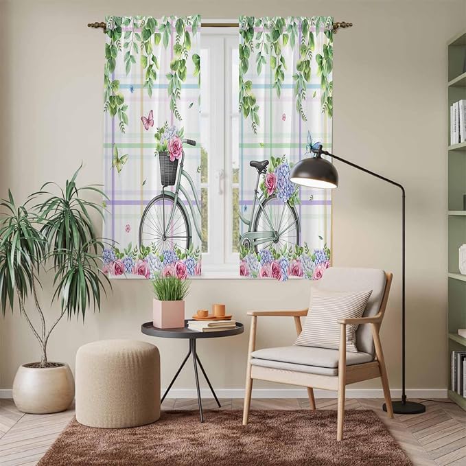 Spring Kitchen Curtains, Bicycles Botanical Leaves Rose Colorful Stripes Light