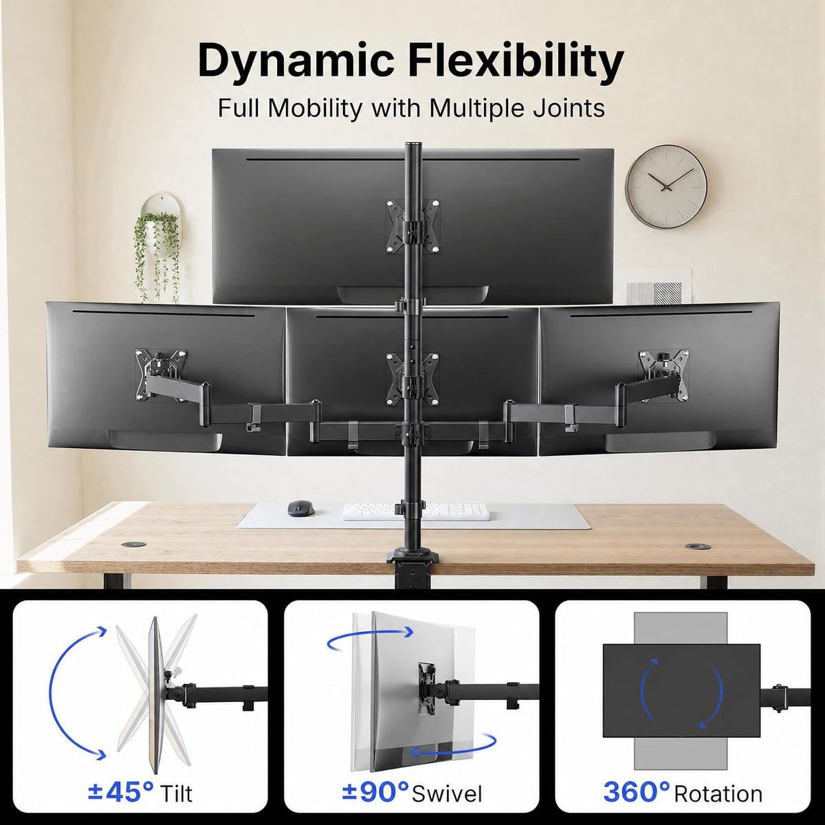 HUANUO 4 Monitor Mount for 13-34 Inch Screens, Fully Adjustable Heavy Duty Monitor Desk Mount for 4 Screens with Swivel, Tilt, Rotation, Larger C-Clamp & Grommet Base, Each Arm Holds up to 22 lbs