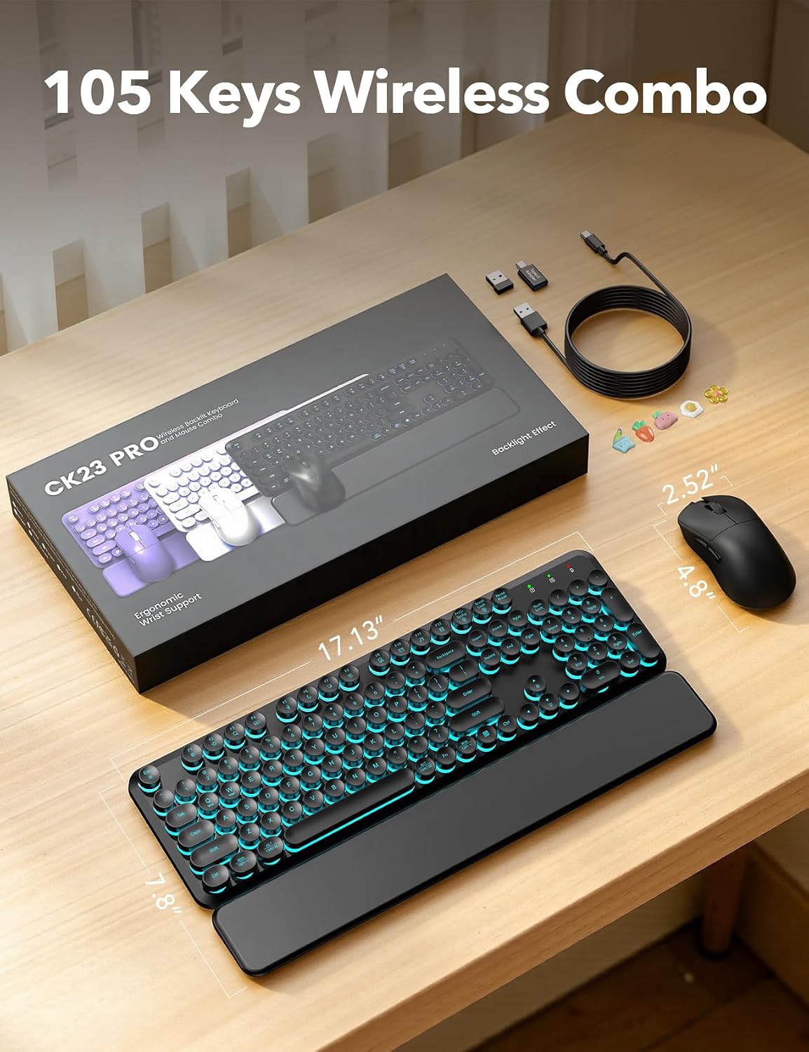 Wireless Keyboard and Mouse Backlit - Round Keycaps, Magnetic Wrist Rest