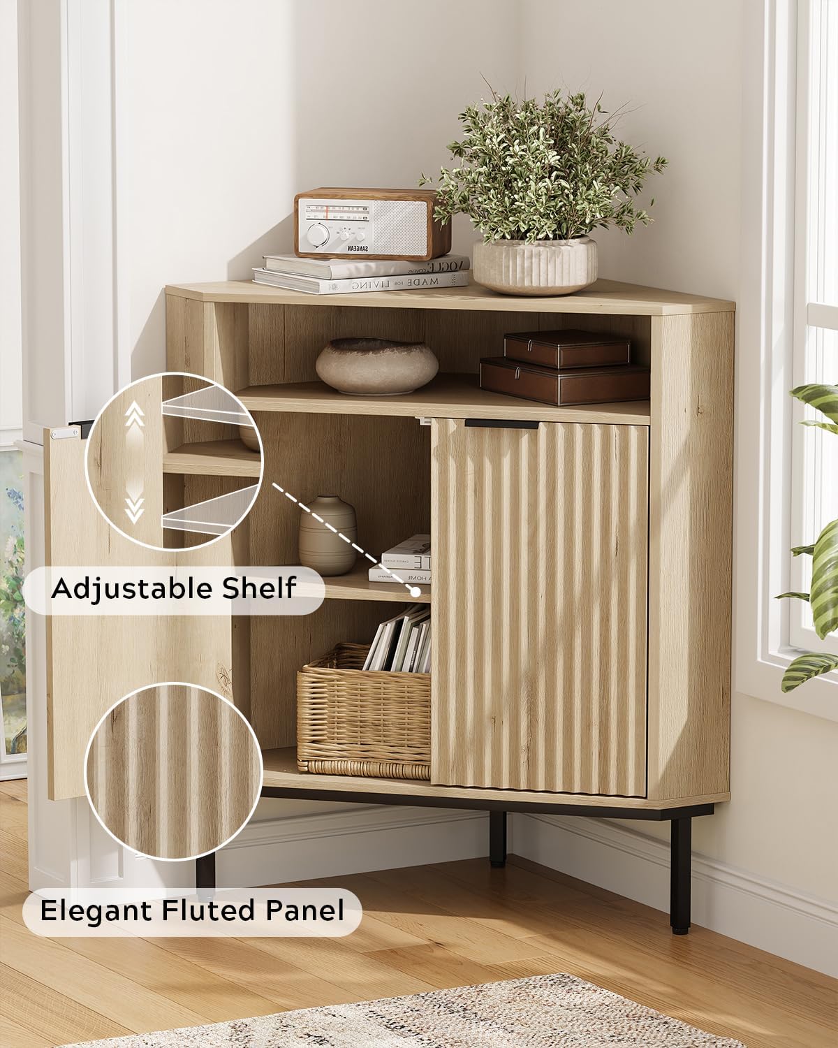 Fluted Corner Cabinet with Storage, Modern Floor Cabinets with Adjustable Shelf & Metal Legs Wooden Narrow Cabinet Organizer for Living Room Kitchen, Light Oak