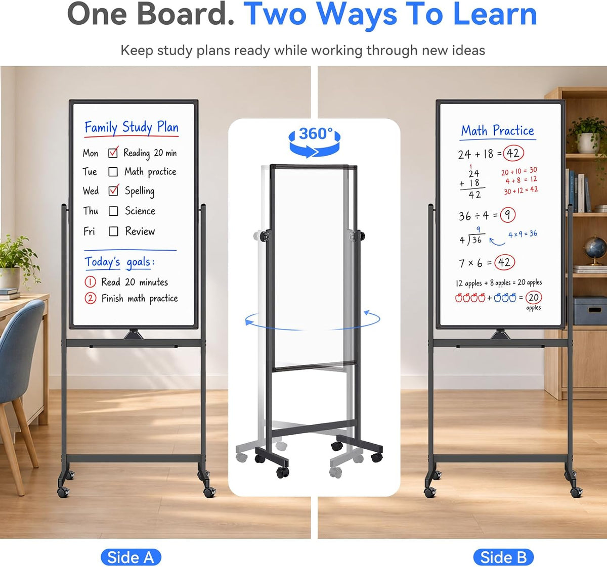 Maxtek Magnetic White Board on Wheels 40x24 Black Mobile Double-Sided Board