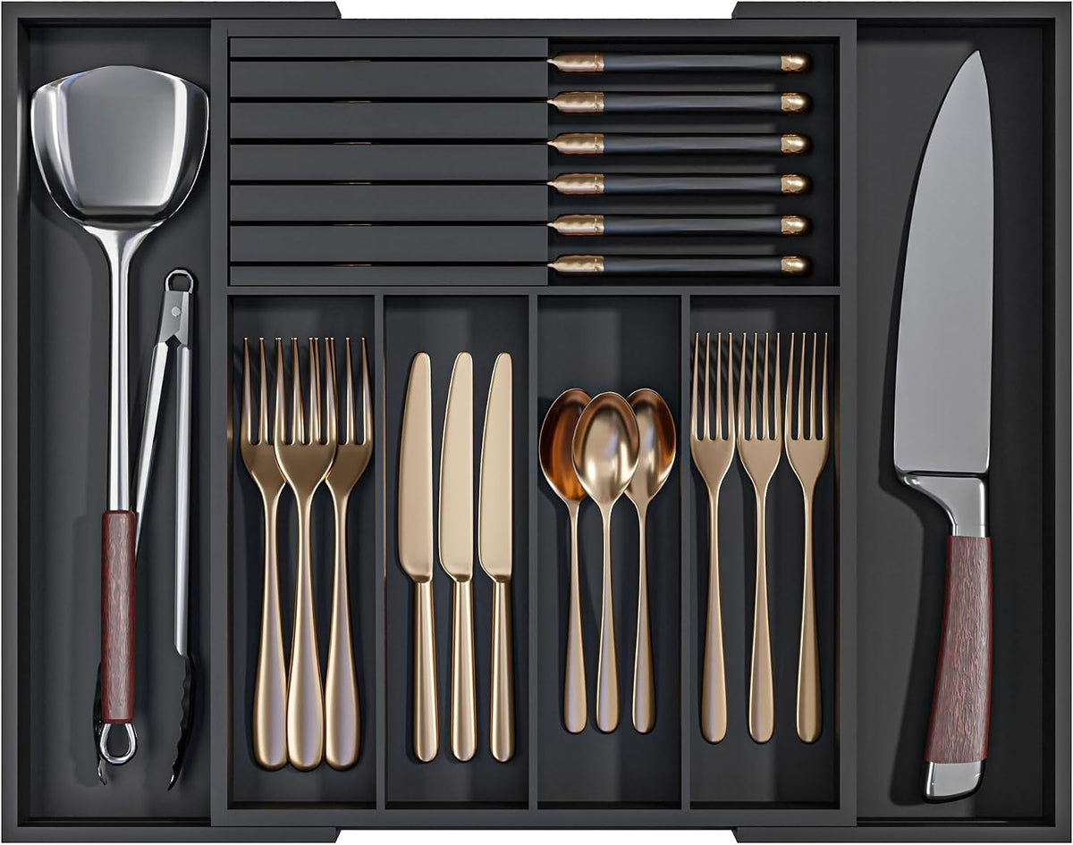 Utensil Organizer Silverware Tray for Drawer - Bamboo Knife Drawer Organizer Expandable Cutlery Organizer in Drawer Knife Block W12.8-20.2" x L16 x H2 (Black)