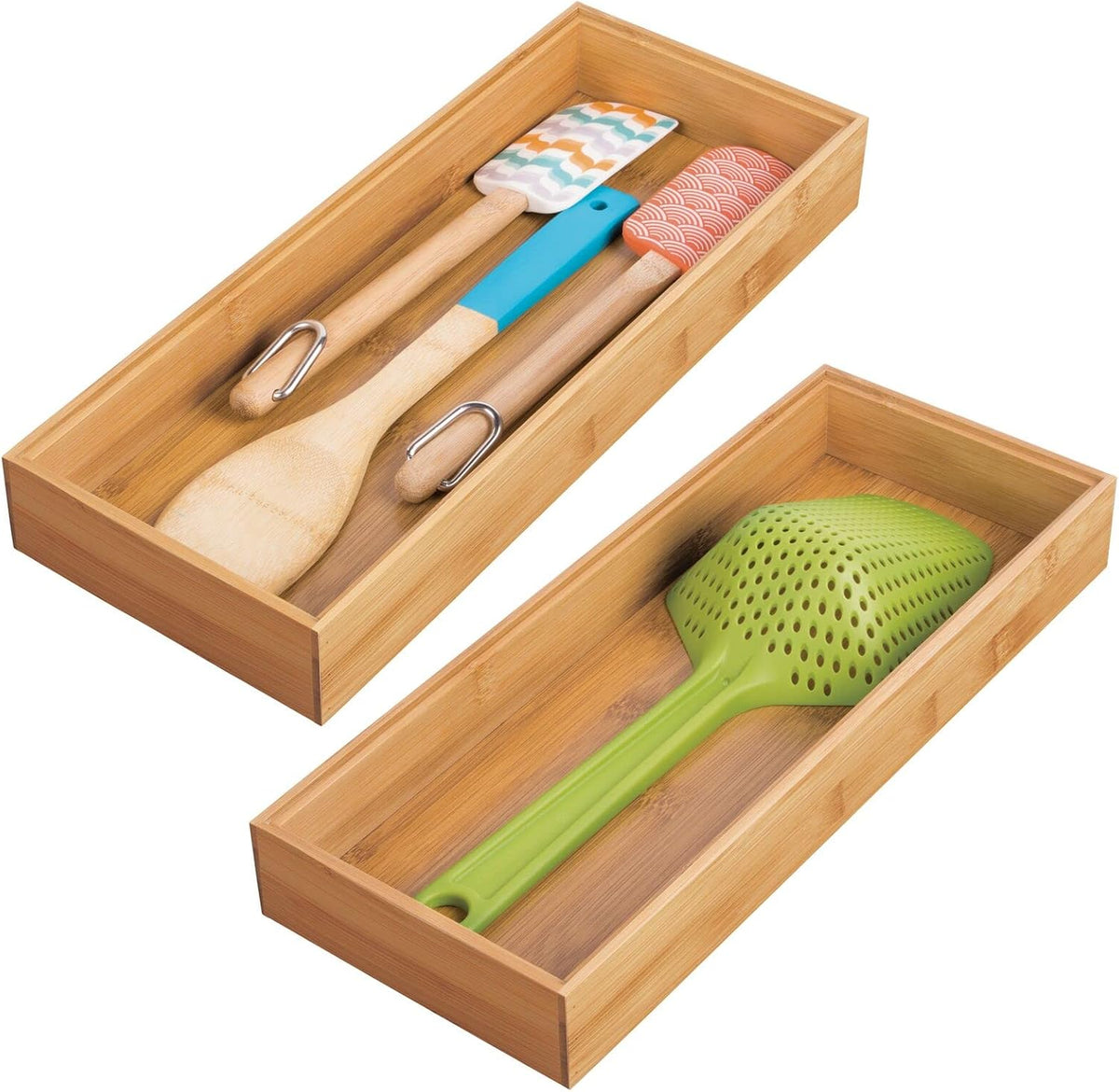 mDesign Wooden Bamboo Drawer Organizer - 15" Long Stackable Storage Box Tray for Kitchen Drawers/Cabinet - Utensil, Silverware, Spatula, and Flatware Holder - Echo Collection - 2 Pack, Natural Wood