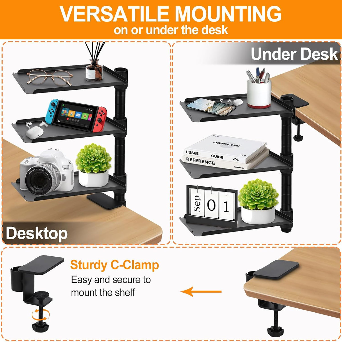 3 Tier Clamp On Desk Shelf,360° Rotatable Adjustable Above or Under Desktop Organizer,Carbon Steel Storage Tray for Home Office and Gaming Accessories（Black）