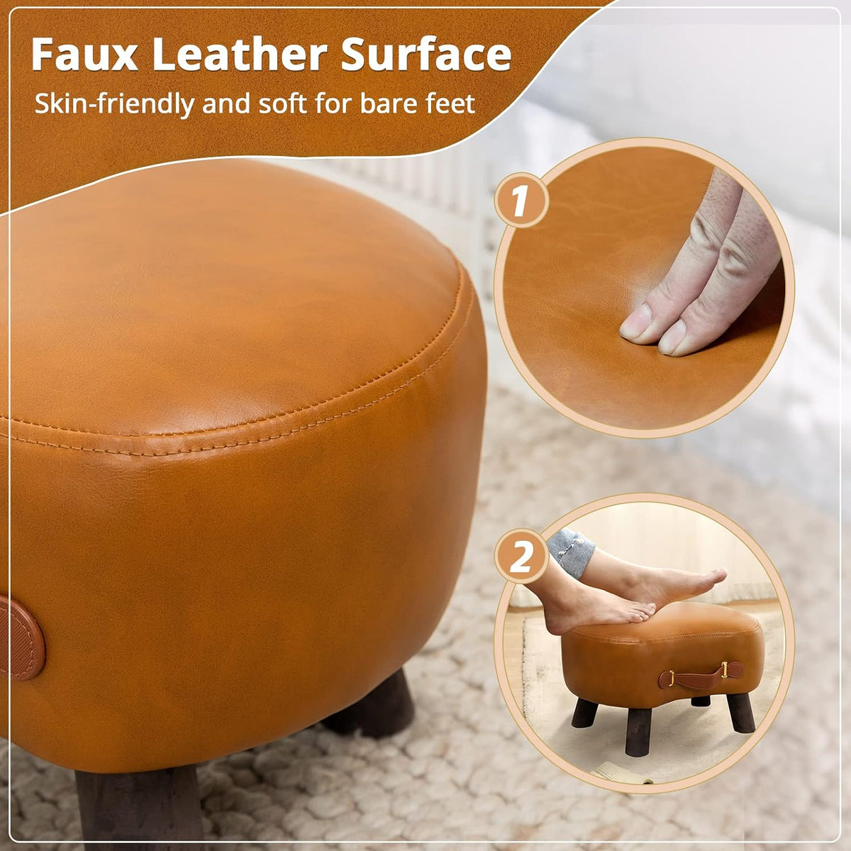 LUE BONA Small Curved Foot Stool with Handle, Whisky Brown Velvet Footstool and Ottomans, Modern Foot Rest with Wooden Legs, Step Stool with Padded Seat for Couch, Living Room