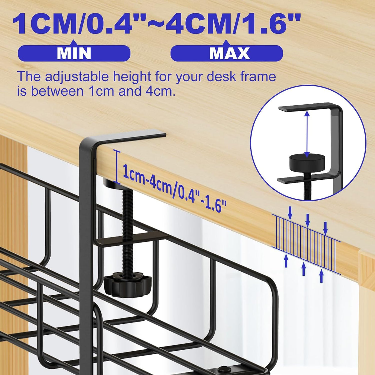 Under Desk Cable Management Tray No Drill Steel Rack Black