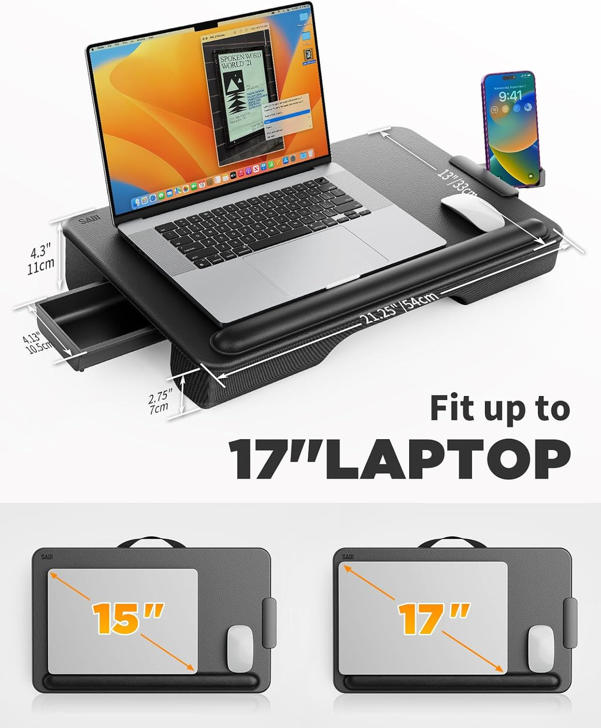SAIJI Laptop Lap Desk, Portable Laptop Desk for Bed Fits Up to 17" Laptops