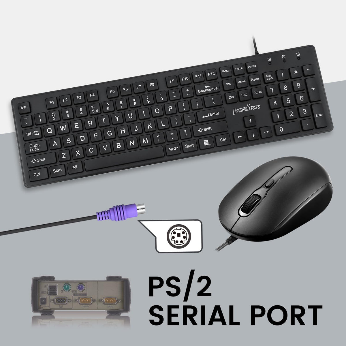 Perixx PERIDUO-117P, Wired Standard PS2 Keyboard and Mouse Combo - Full-Size Layout - Bundle with 3 Button Optical Mouse - 5.9 ft Cable - Black