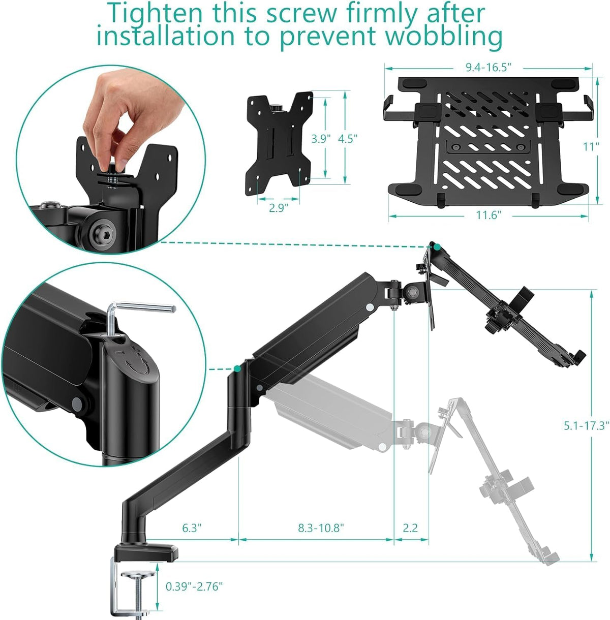 WALI Laptop Desk Mount for 17" Notebook and 34" Screens, Holds 22-26.4 lbs