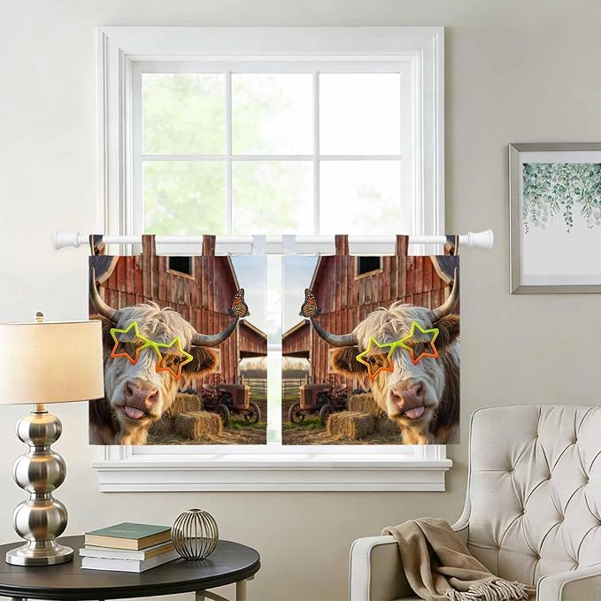 Farm Yaks Kitchen Curtains 24 Inch Length, Small Window Curtains Tab Top