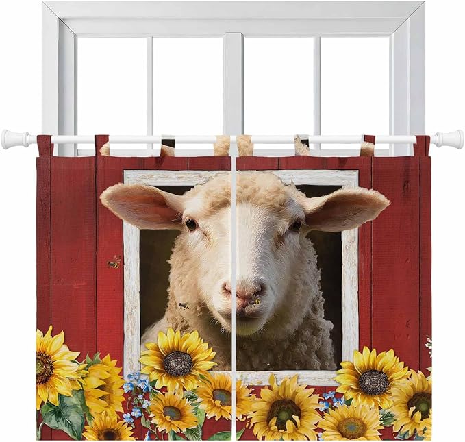Sheep Sunflower Bedroom Curtains 63 Inch Length, Window Curtains Tab Top