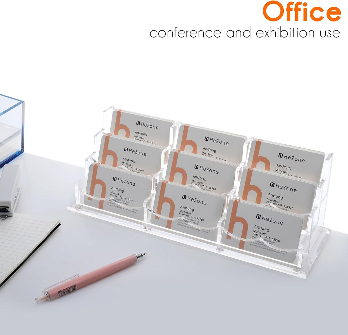 HeZone Business Card Holder for Desk, Multiple Cards Display Stand Rack for Women and Men, Clear Acrylic Card Organizer 9 Slot 3 Tiers