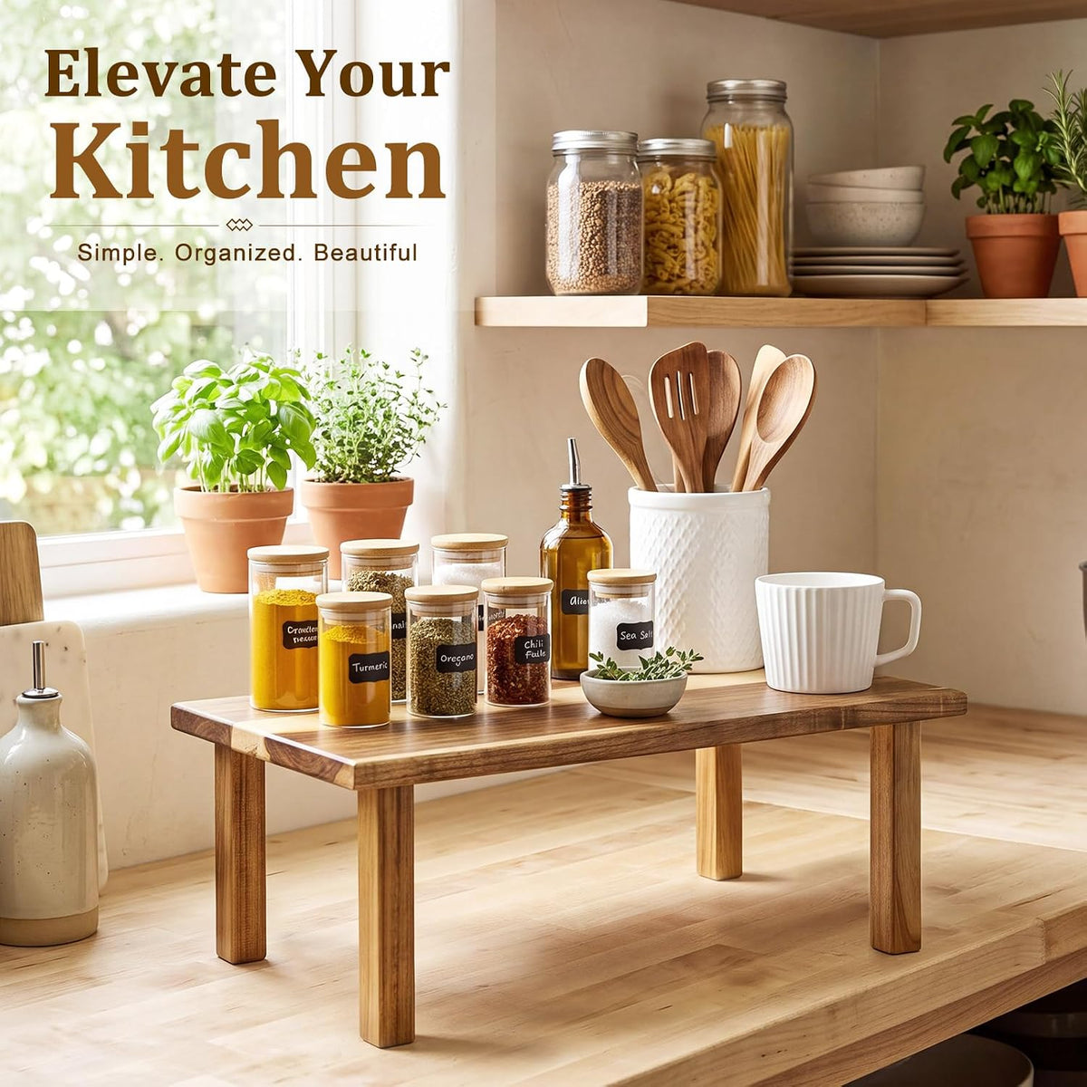 17 Inches Kitchen Cabinet Counter Shelf Countertop Organizer Acacia Wooden
