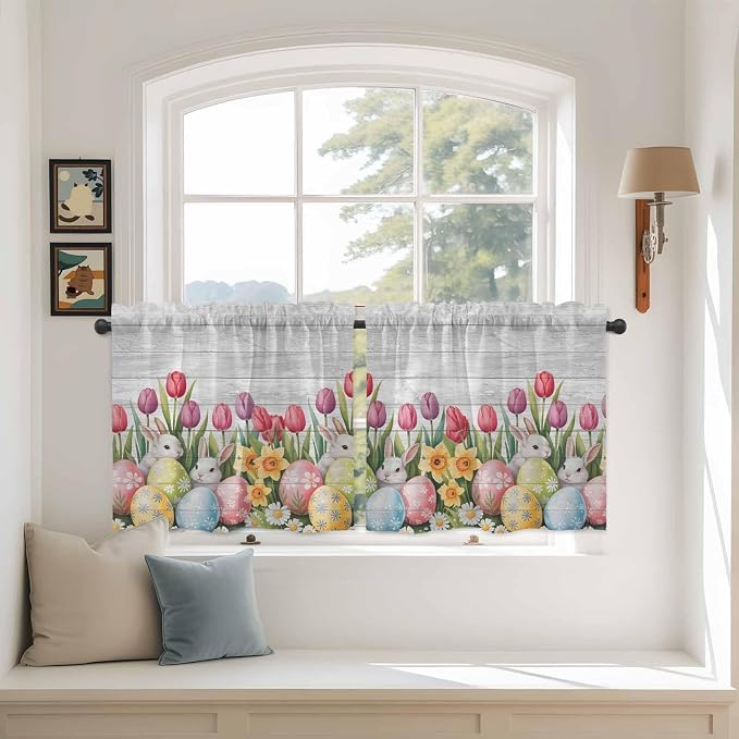 Easter Kitchen Tier Curtains 24 Inch Long 2 Panel Set, Rod Pocket Cafe Small