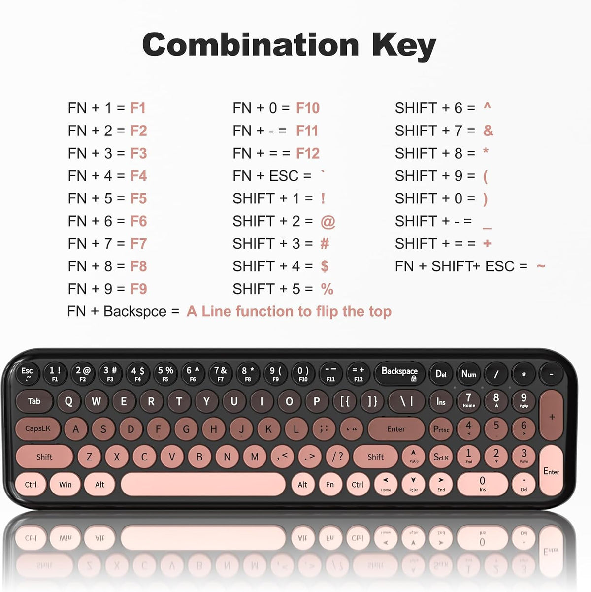 Wireless Keyboard and Mouse Combo, MOWUX Compact Typewriter Retro Round Computer Keyboard, Cute Optical Mouse Wireless, Plug and Play, for Laptop, PC, Computer- BlackBerry Gradient